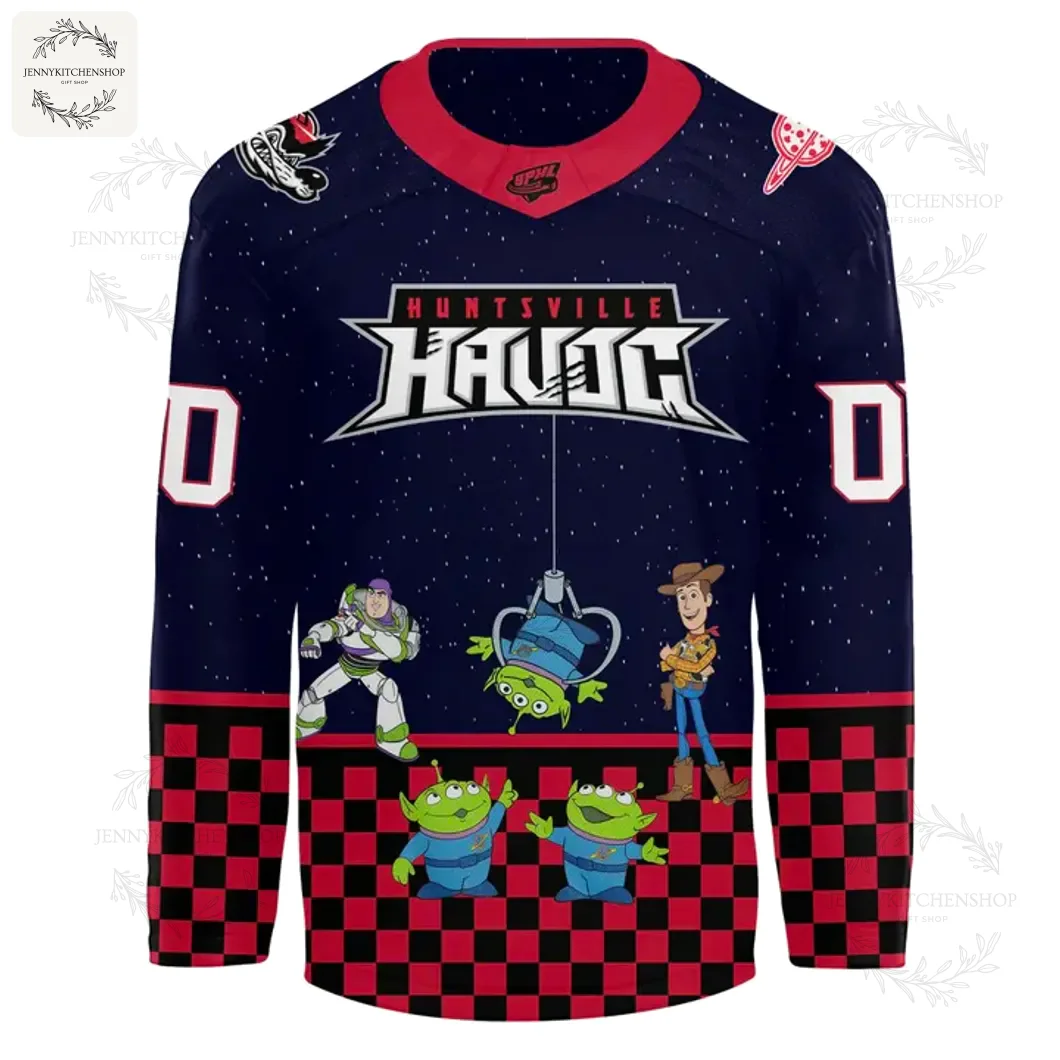 Front of the Huntsville Havoc hockey jersey featuring Toy Story characters Buzz Lightyear, Woody, and aliens.