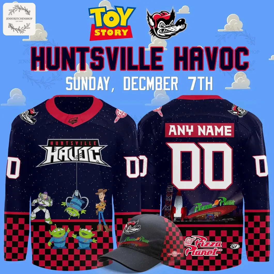 Promotional image of the Huntsville Havoc Toy Story jersey showing the front, back, and a matching cap.