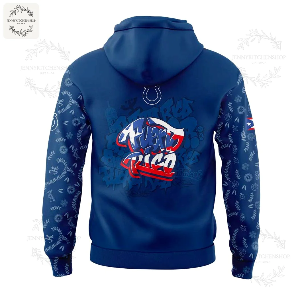 Back of the Indianapolis Colts hoodie showing a large "Puerto Rico" graffiti graphic and patterned sleeves with the Colts horseshoe.