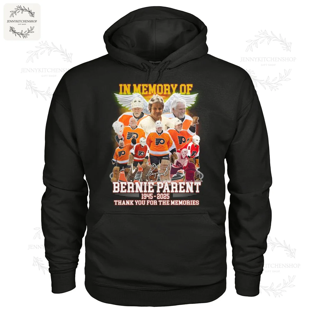 Black hoodie displaying a collage of Philadelphia Flyers players and a memorial message for Bernie Parent