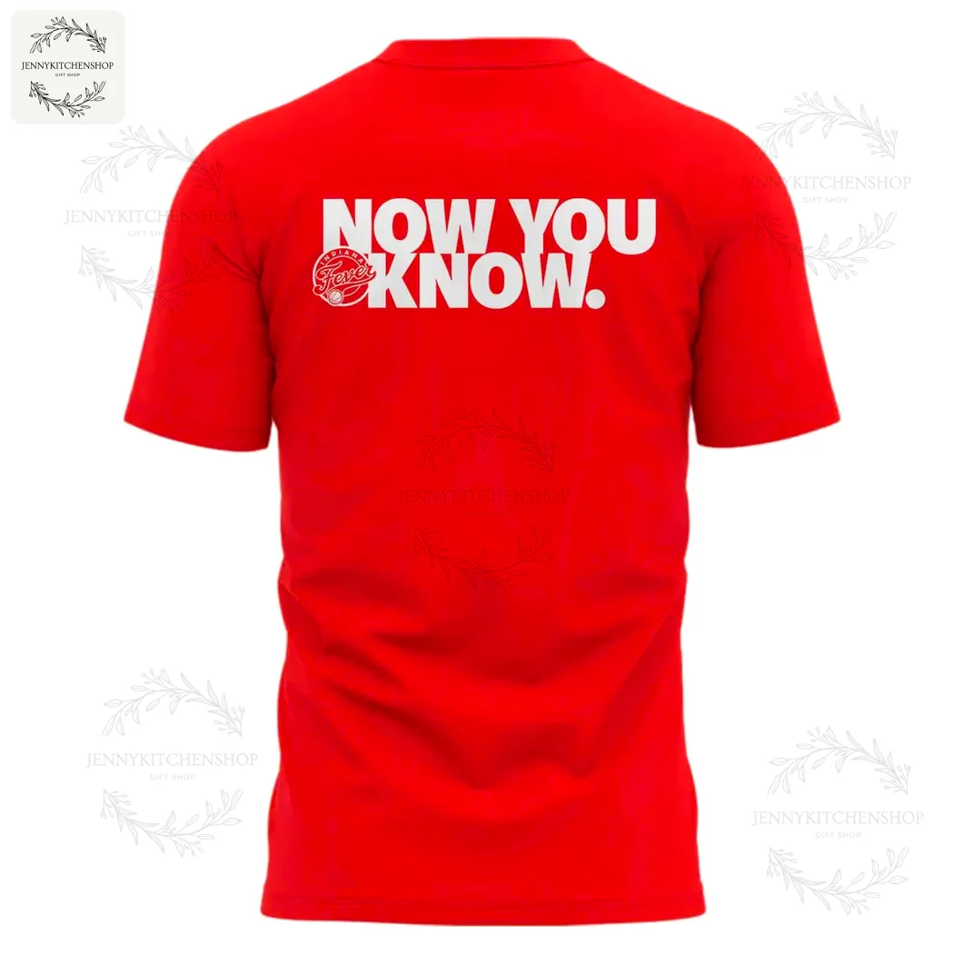 Back of the red Indiana Fever 2025 WNBA Playoffs t-shirt with the text "NOW YOU KNOW." in bold white print.
