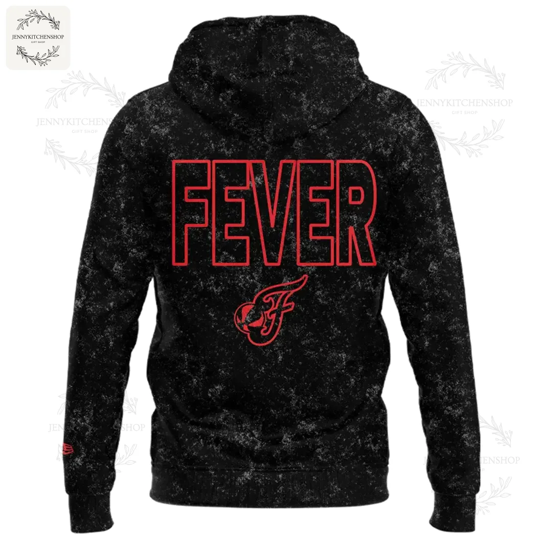 Back view of the Indiana Fever black hoodie with the word FEVER in large red block letters and a small team logo below.