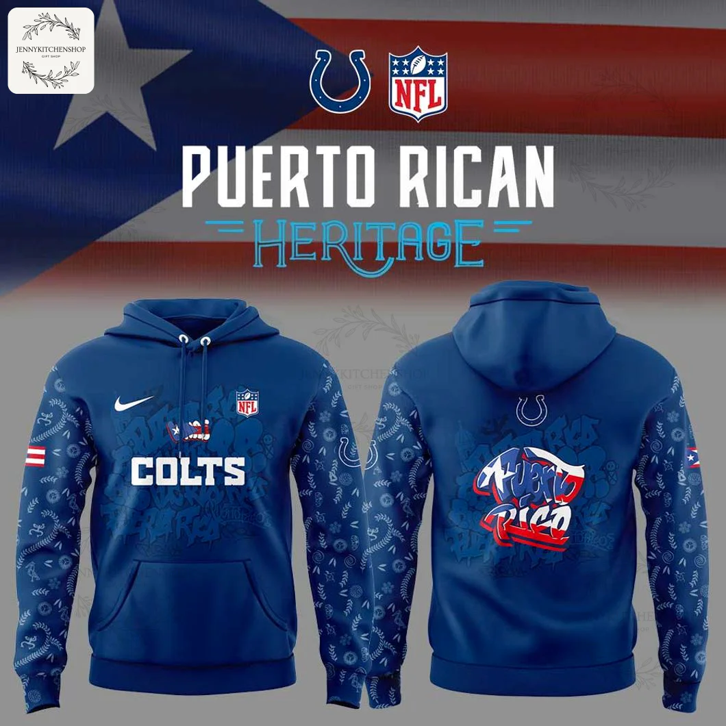 Front and back of the I Colts Puerto Rican Heritage Hoodie, featuring the team logo and Puerto Rico-inspired graffiti graphics.