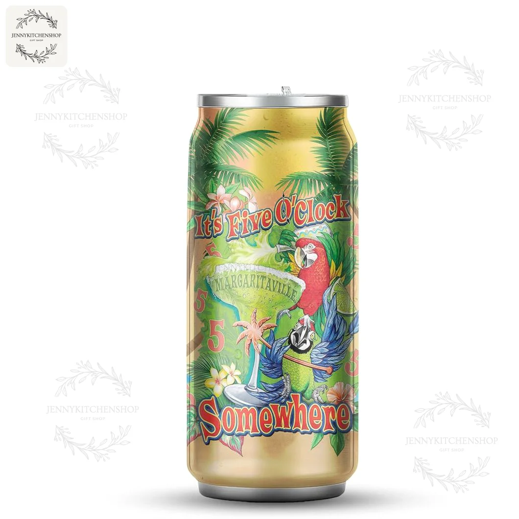 Front view of the Jimmy Buffett Margaritaville can-shaped tumbler with its tropical "It's Five O'Clock Somewhere" design.