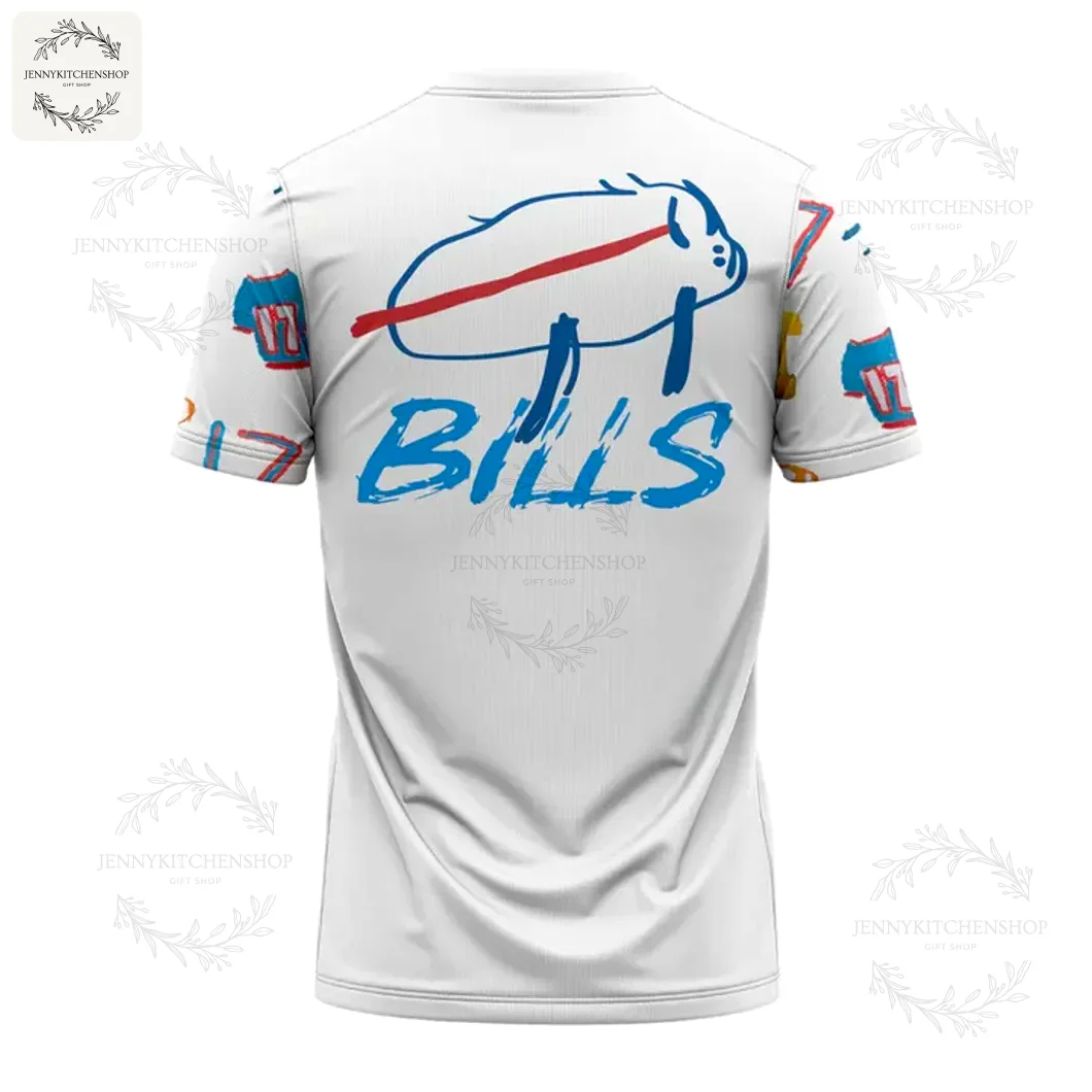 The back of the Josh Allen Billustration t-shirt, showing the iconic hand-drawn buffalo logo and the word 'BILLS' in blue.