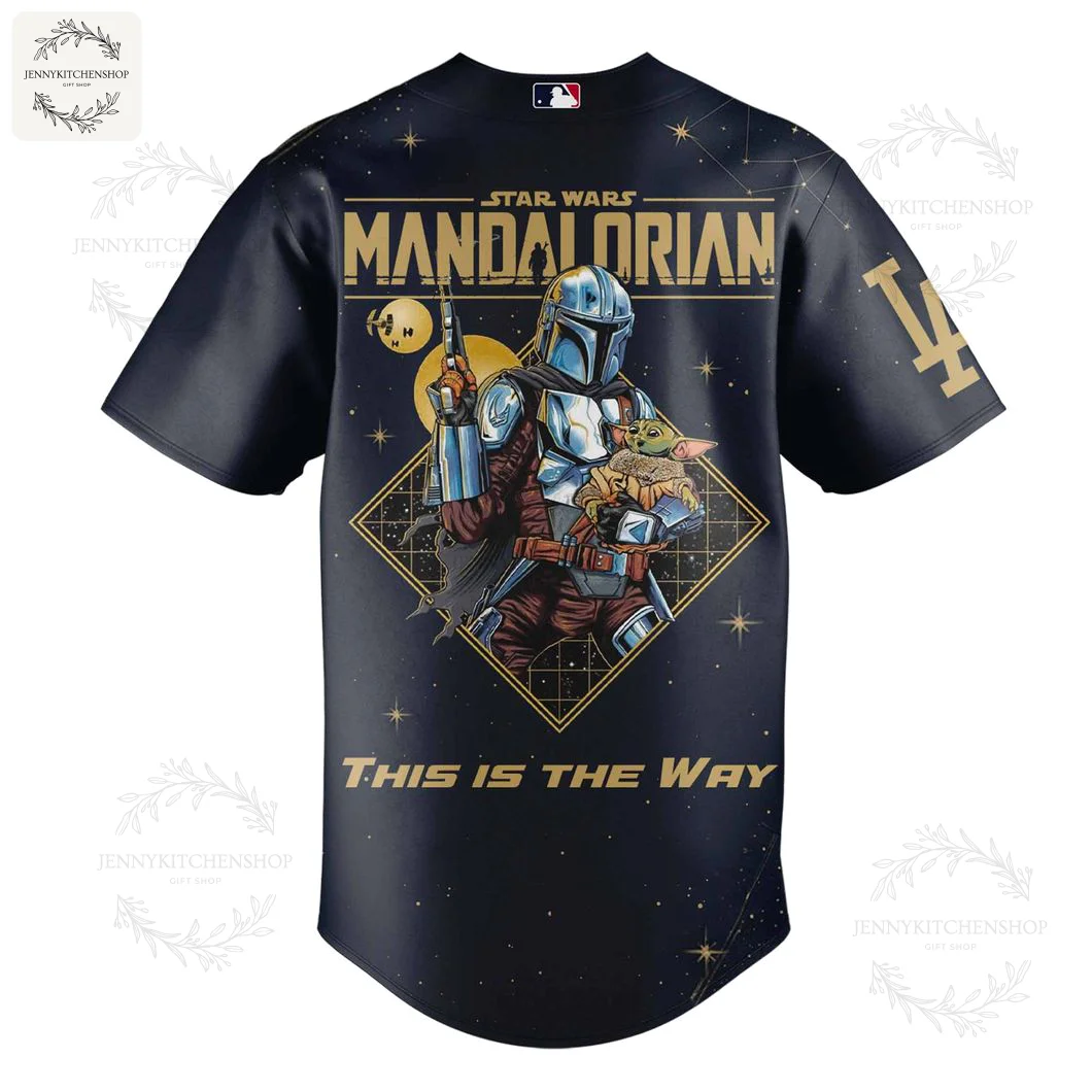 Back of the LA Dodgers x Mandalorian baseball jersey featuring a large graphic of Mando holding Grogu and "This Is The Way".