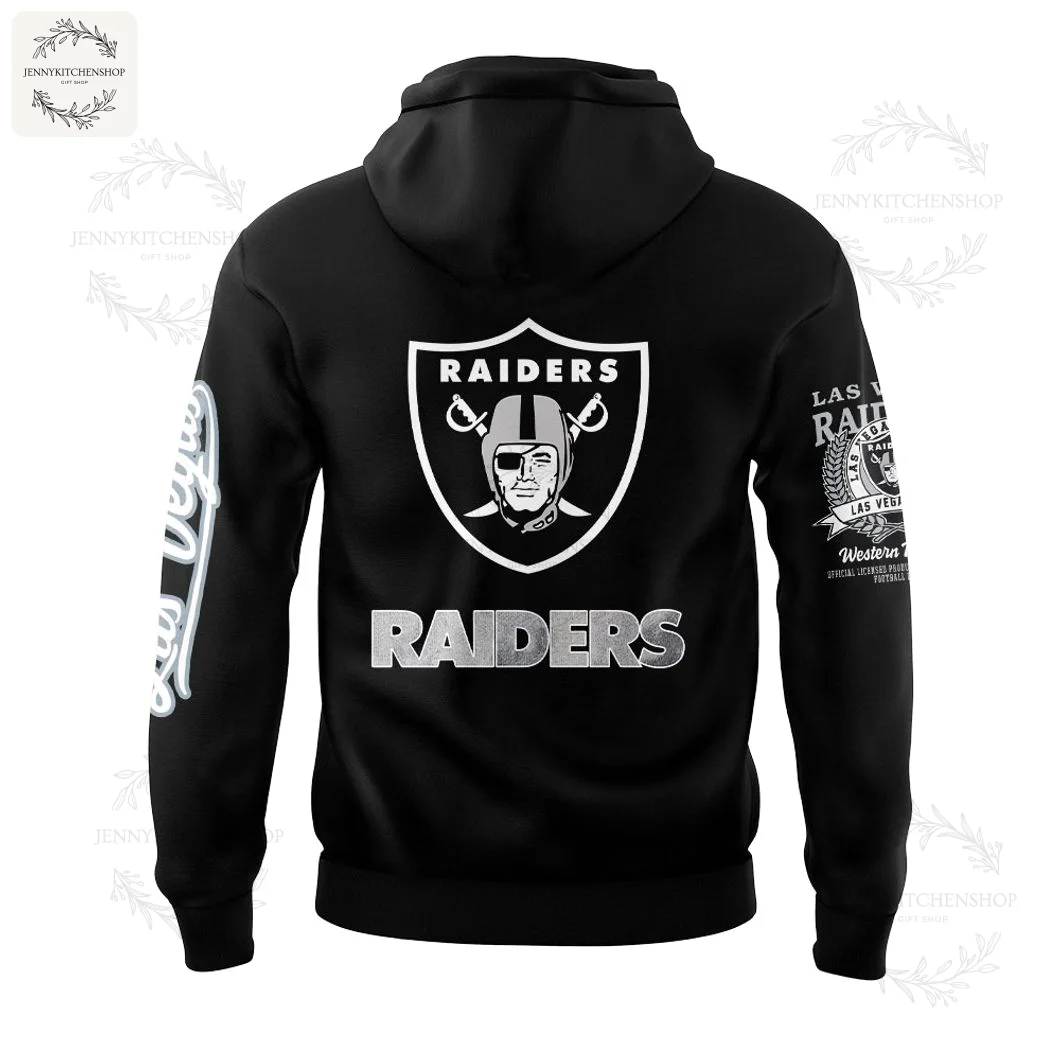 Back of the Las Vegas Raiders black hoodie featuring a large Raiders shield logo and wordmark across the shoulders.