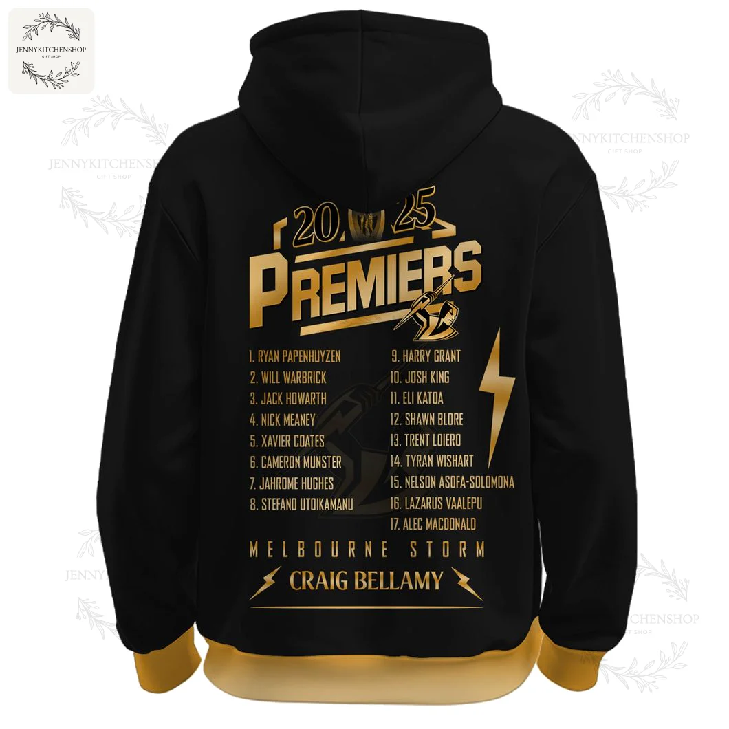 Back of the Melbourne Storm 2025 NRL Premiers hoodie, featuring the full team player list and coach Craig Bellamy's name.