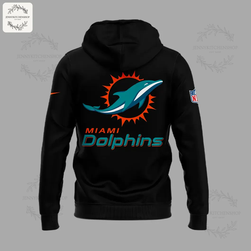 Back of the black Miami Dolphins hoodie showing the large team logo and MIAMI Dolphins text across the shoulders.