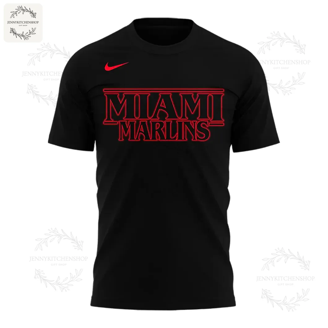 Back view of the black t-shirt displaying the red Stranger Things text and stylized Miami Marlins emblem