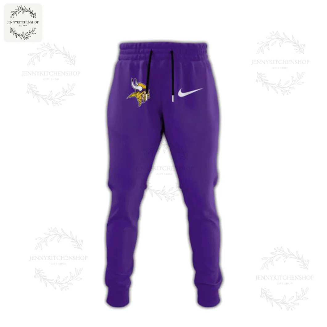 A pair of purple Minnesota Vikings sweatpants with the team logo on the thigh, part of the Firefighter combo.
