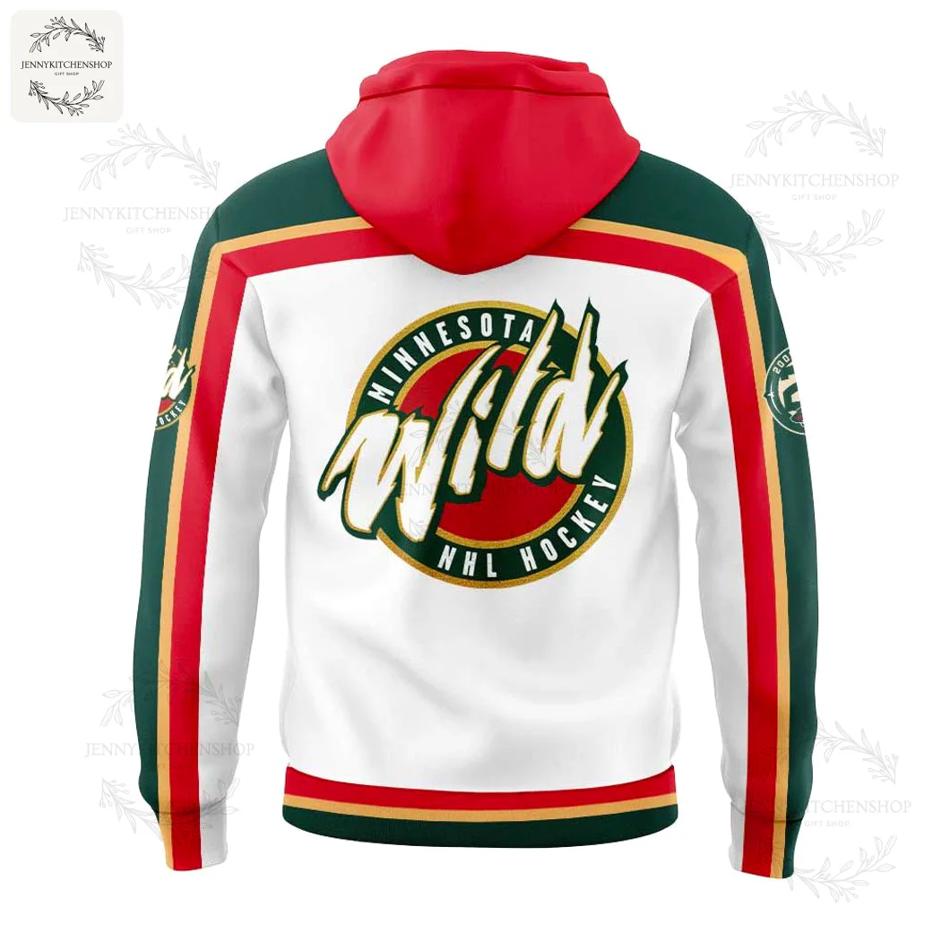 Back of the Minnesota Wild 25th Anniversary hoodie showing the circular "Minnesota Wild NHL Hockey" wordmark logo on a white body.