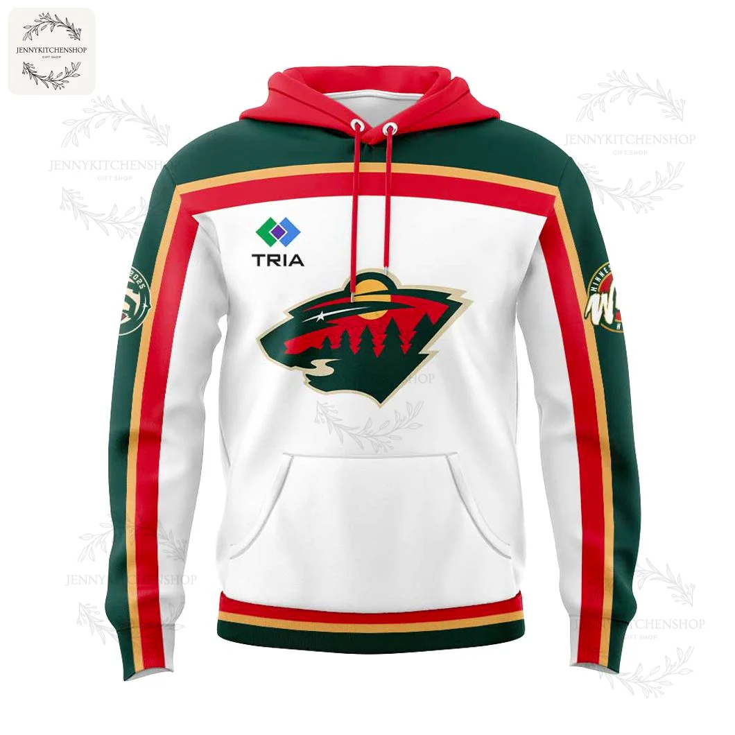 Front of the Minnesota Wild 25th Anniversary hoodie featuring the team crest, a red hood, and striped sleeves on a white body.