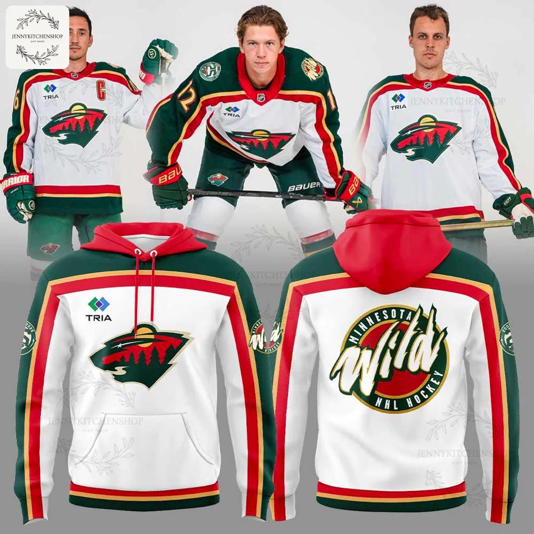Collage of the Minnesota Wild 25th Anniversary hoodie with players wearing the matching jersey to show the design inspiration.