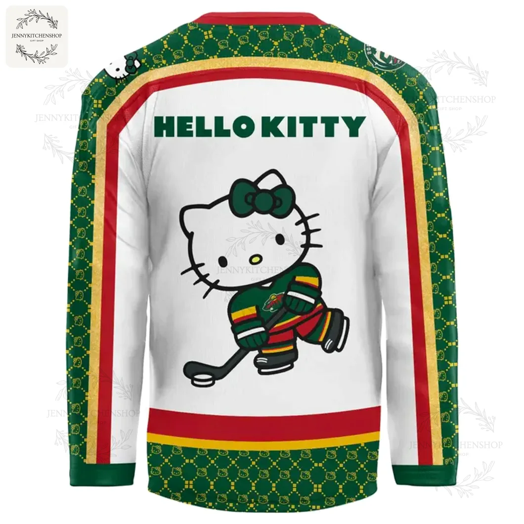 Back of the Minnesota Wild hockey jersey with HELLO KITTY on the nameplate and a large graphic of her skating with a hockey stick.