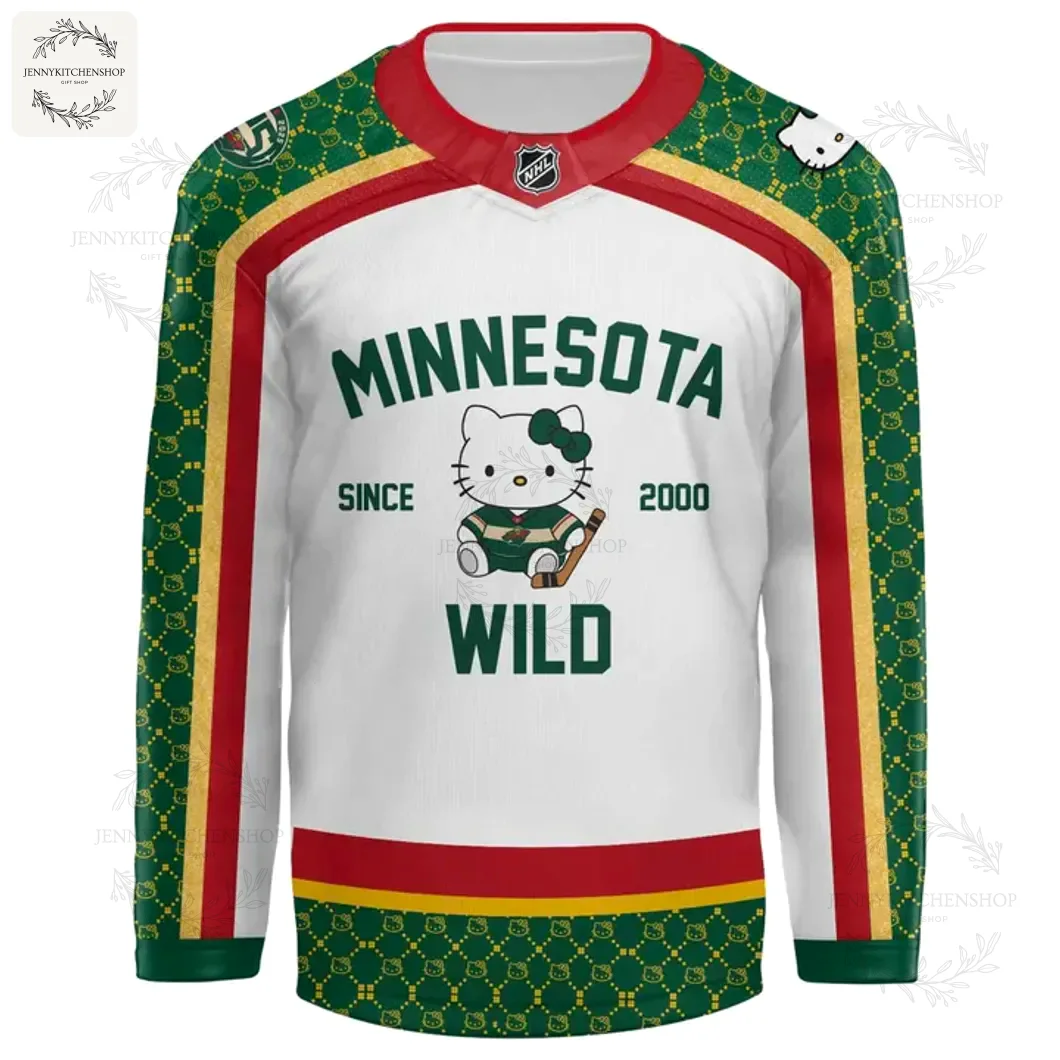 Front of the Minnesota Wild x Hello Kitty hockey jersey featuring a crest with Hello Kitty between the words Minnesota and Wild.