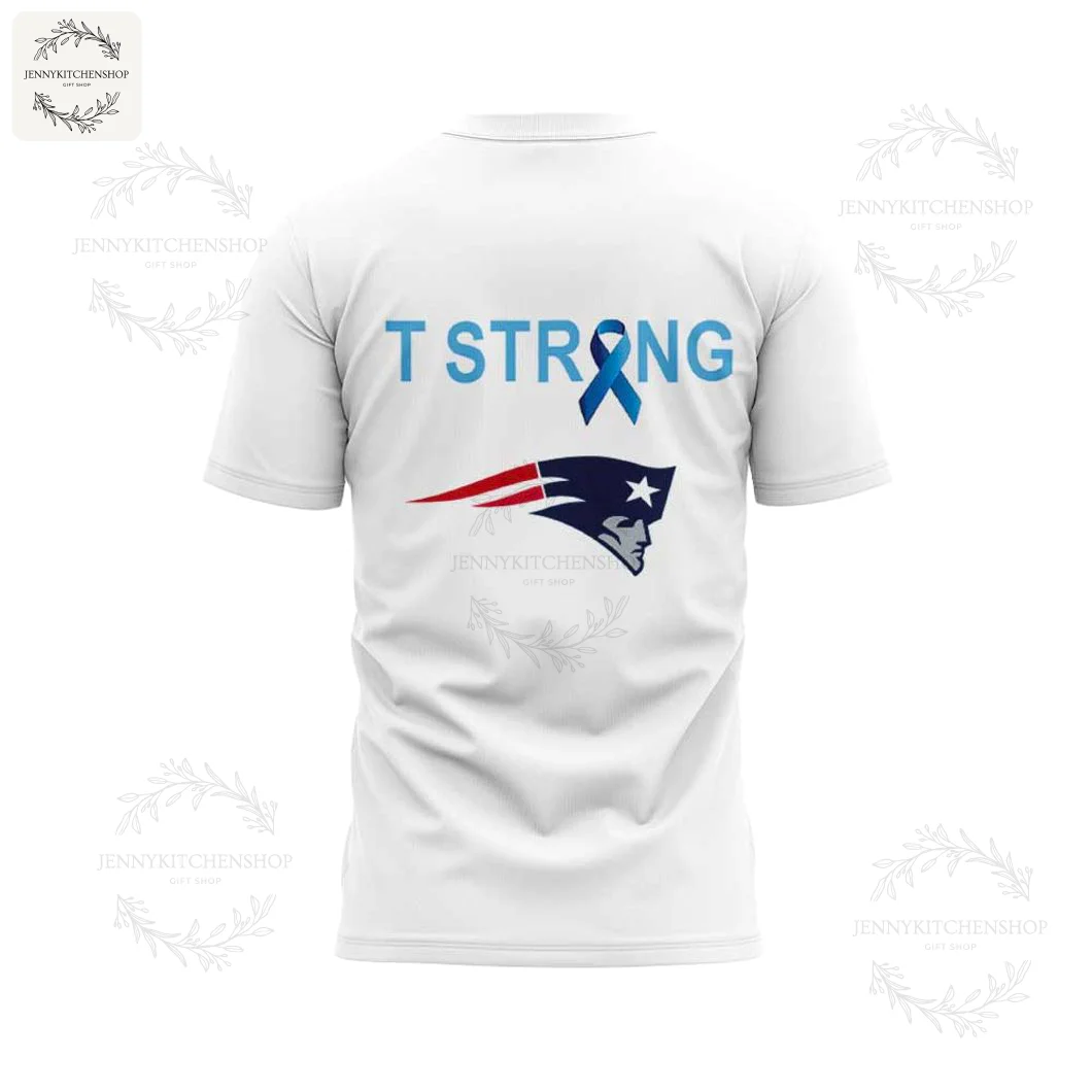 Back of the white New England Patriots t-shirt showing the T STRONG text and the stylized flying Elvis team logo below it.