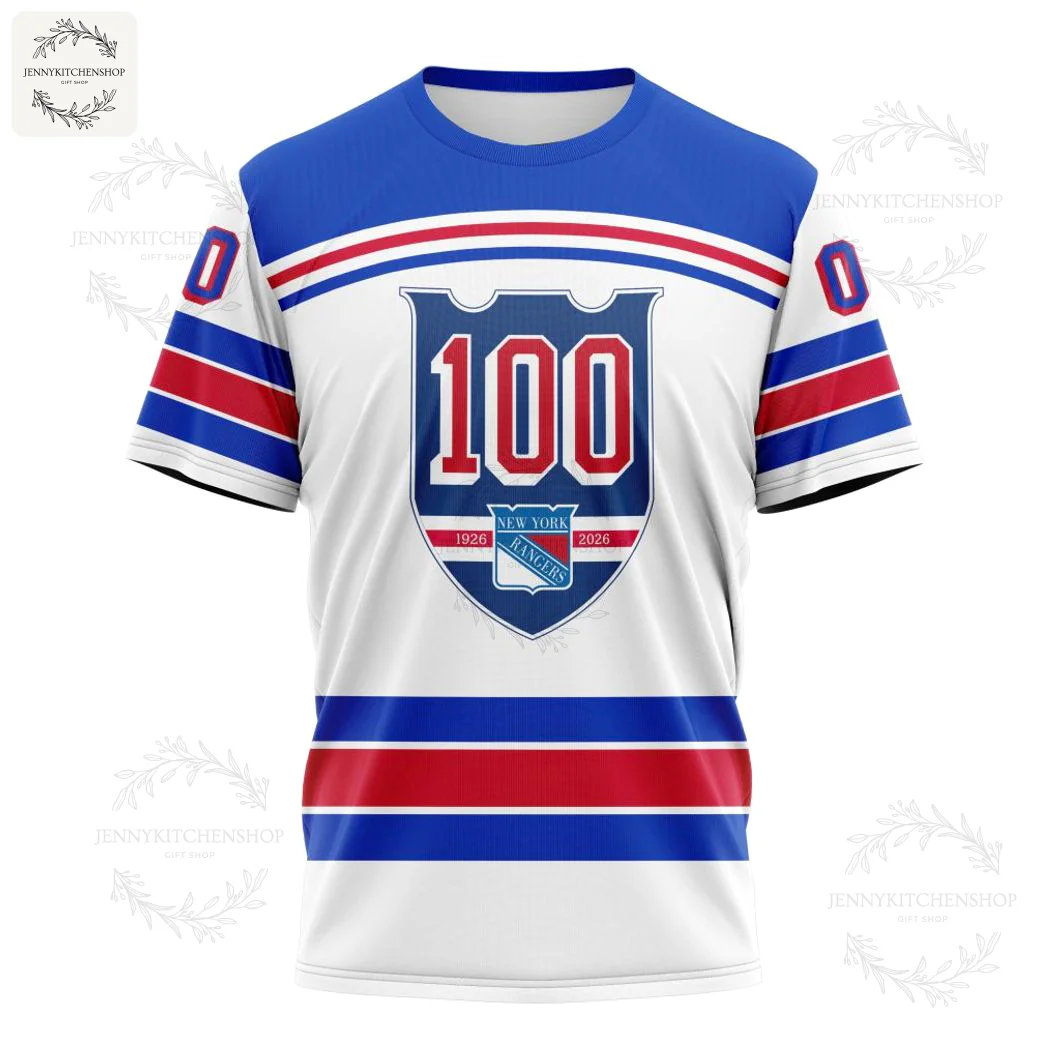Front view of a New York Rangers t-shirt featuring the 100th-anniversary crest and classic red, white, and blue jersey stripes.