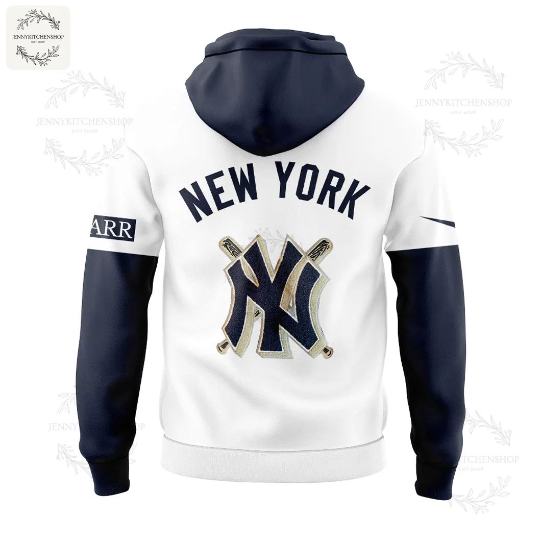 Back of the New York Yankees hoodie showing the interlocking NY logo with bats and 'NEW YORK' text.