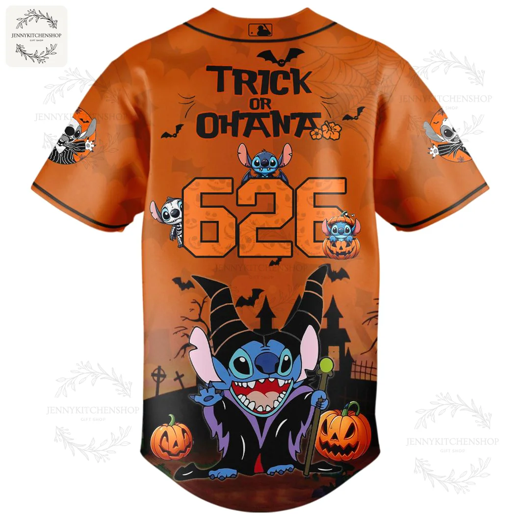 The back of the orange New York Yankees Halloween jersey with "TRICK OR OHANA" and the number 626, featuring Stitch as Maleficent.