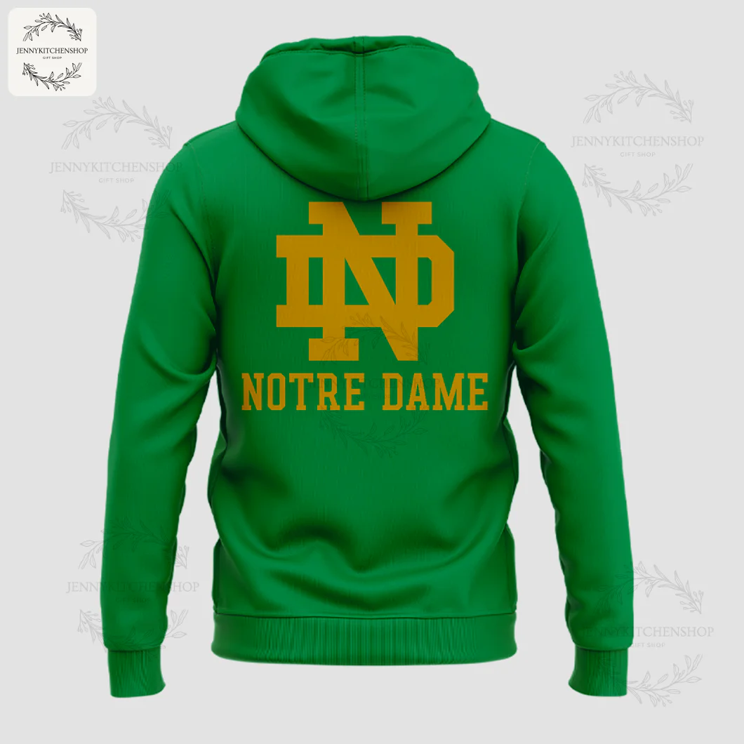 Back of the green Notre Dame hoodie featuring the large gold interlocking ND logo and "NOTRE DAME" text.