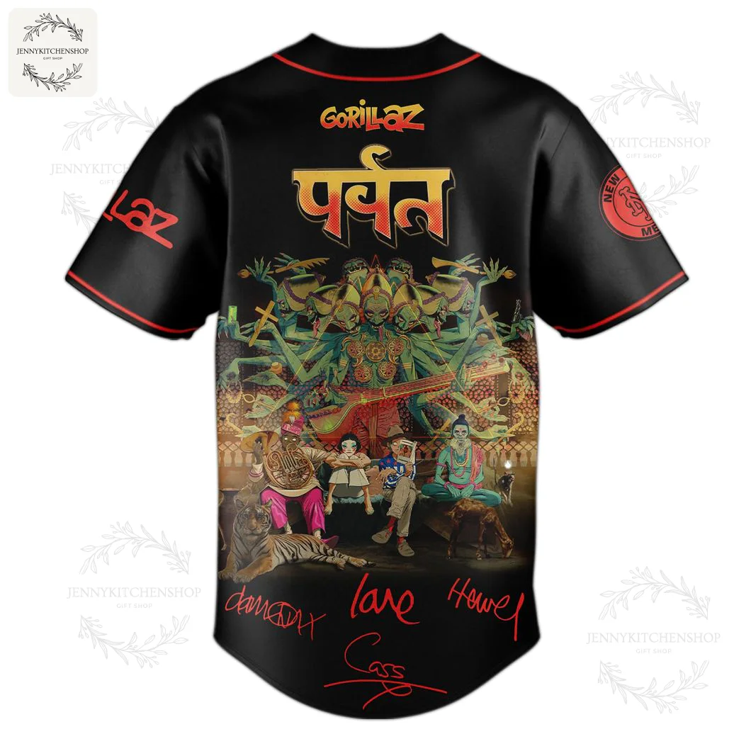 Back of the NY Mets x Gorillaz jersey featuring a vibrant, detailed artwork of characters below the Gorillaz logo.