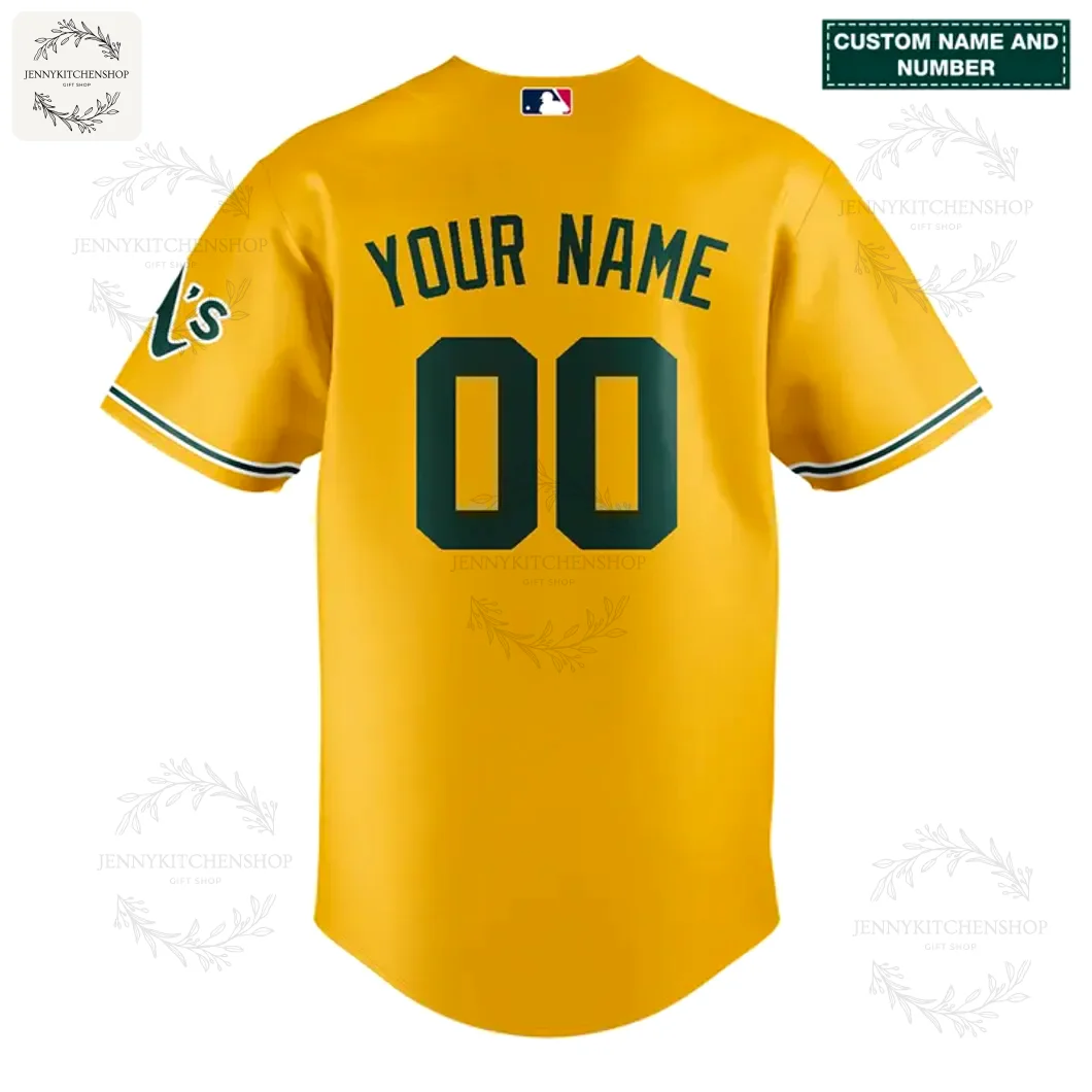 Back of the Oakland Athletics gold jersey showing the "YOUR NAME" and "00" custom option, with the MLB logo on the collar.