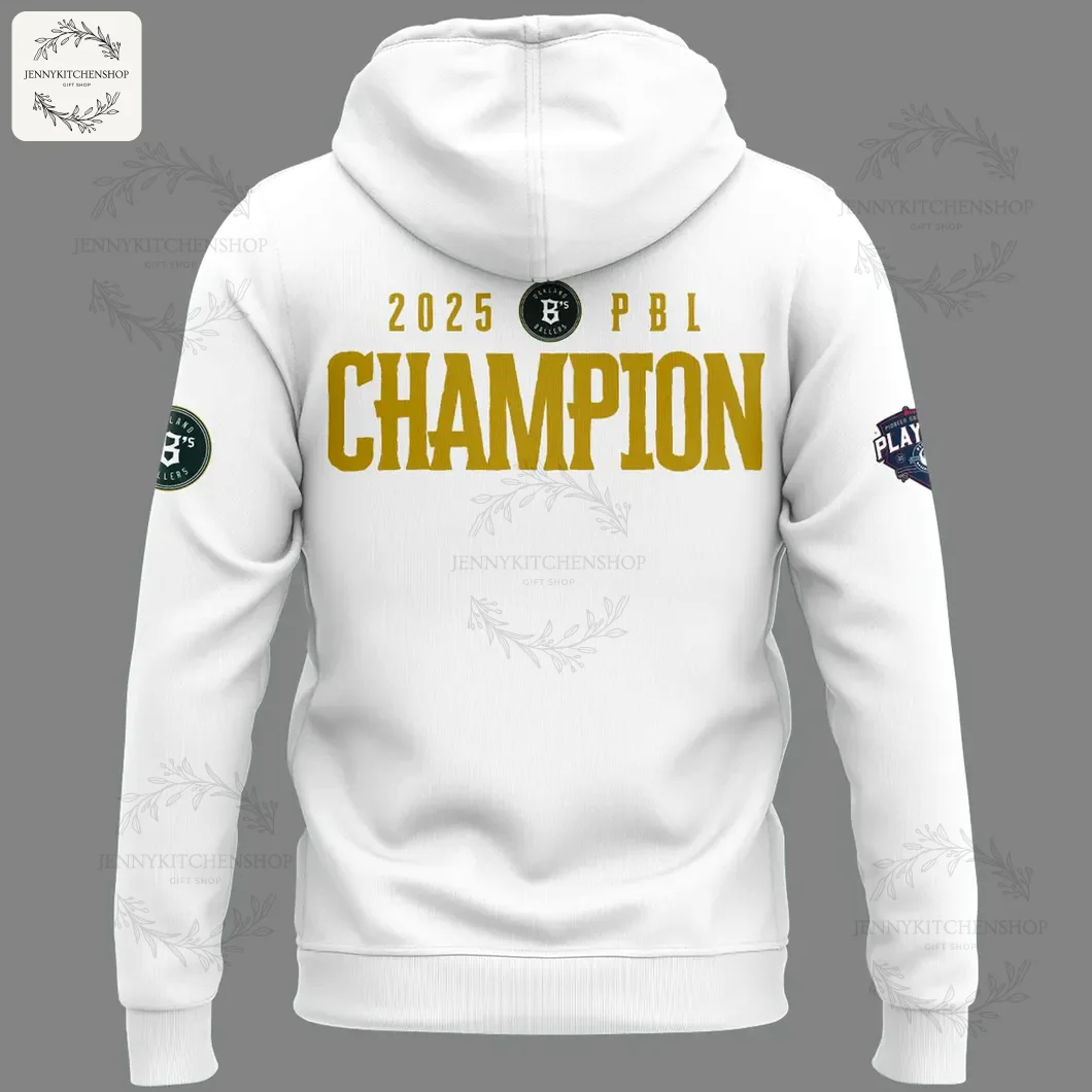 Back view of a white hoodie displaying gold "CHAMPION" across the back with 2025 PBL text and circular team badge.