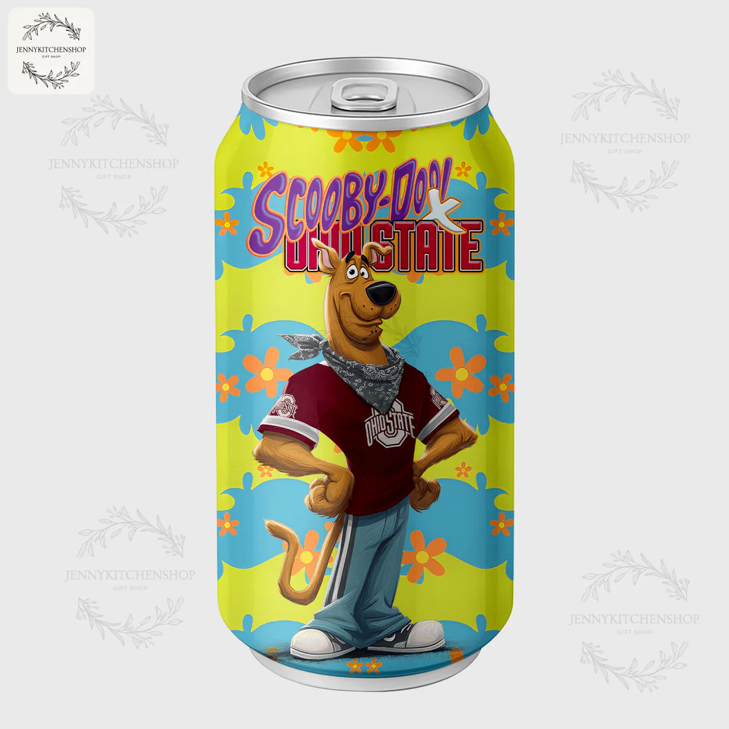 Side view of the Ohio State Buckeyes coca tumbler showing Scooby-Doo posing confidently with hands on his hips in a team shirt.