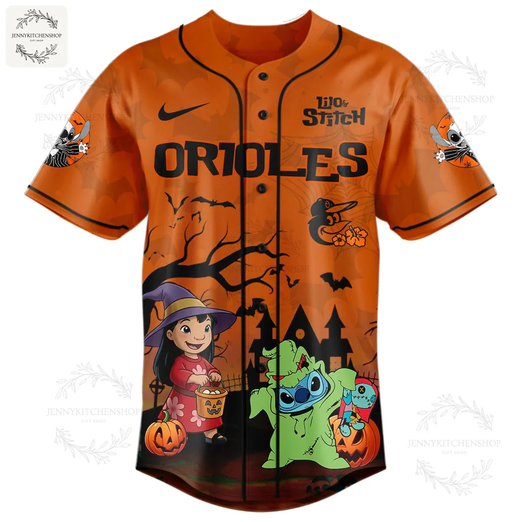 Front of the orange Orioles baseball jersey featuring Lilo as a witch and Stitch in a ghost costume in a spooky graveyard scene.