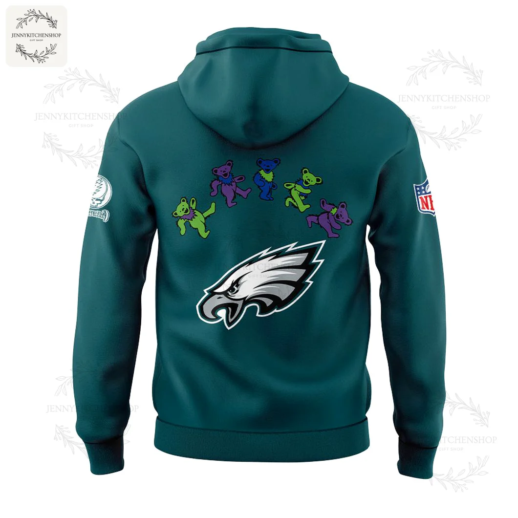 Back view of the green Philadelphia Eagles hoodie showing the team logo and a row of five colorful Grateful Dead dancing bears.