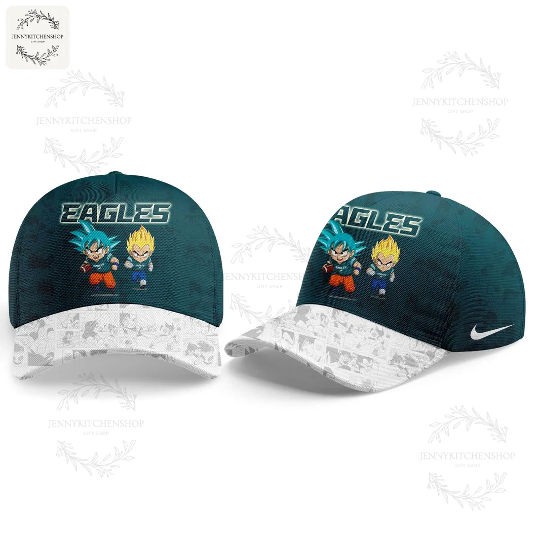 A matching Philadelphia Eagles x Dragon Ball Z baseball cap with Goku and Vegeta on the front and a manga panel design on the brim.