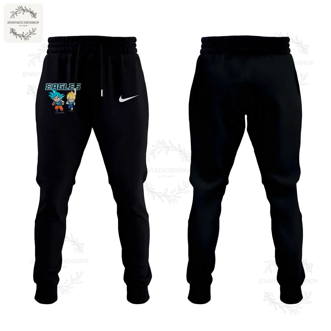 Front and back view of black jogger pants for the Philadelphia Eagles x Dragon Ball Z collection featuring Goku and Vegeta.