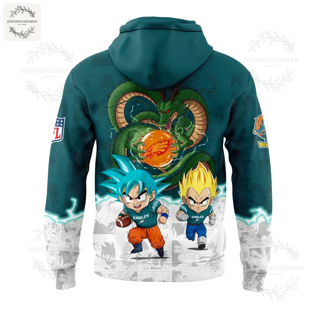 Back of the Philadelphia Eagles Dragon Ball Z hoodie featuring cartoon Goku and Vegeta in football gear with Shenron the dragon.