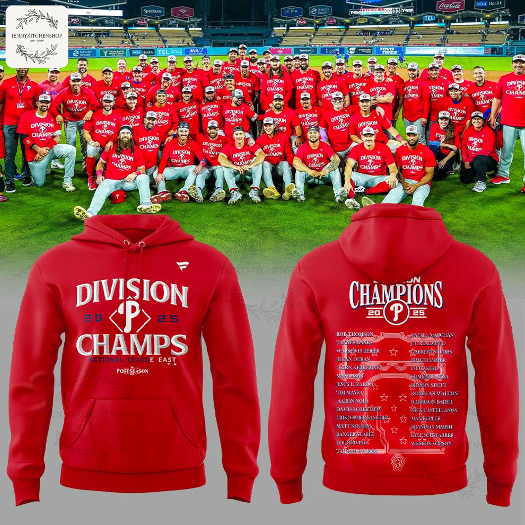 A red Philadelphia Phillies 2025 NL East Division Champions hoodie shown from the front and back below a team celebration photo.