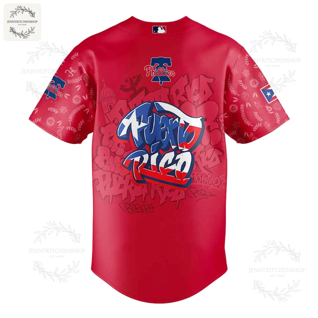 Close-up back view of the red Phillies Puerto Rican Heritage jersey featuring a large graffiti-style Puerto Rico graphic.