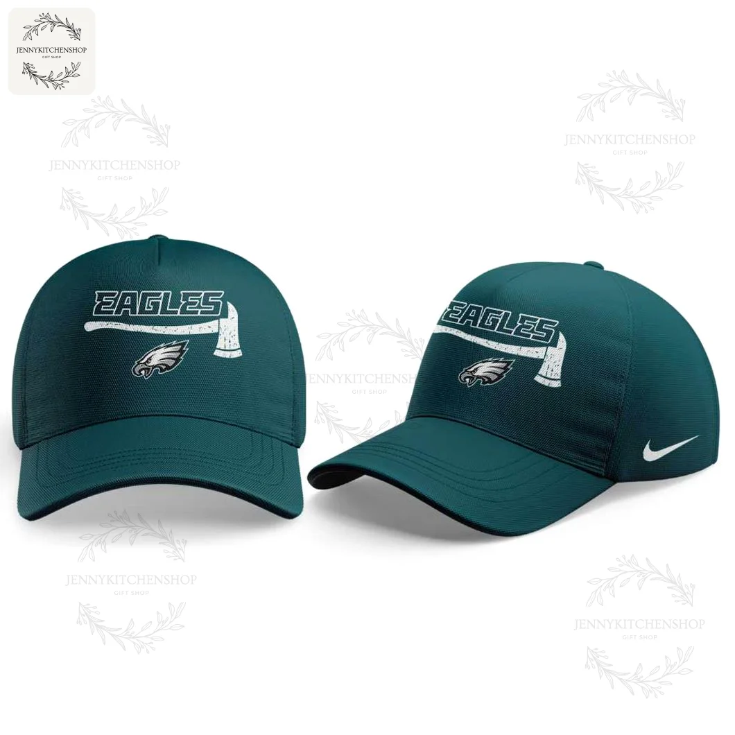 Two-angle images of matching midnight green baseball caps displaying the distressed "EAGLES" and axe graphic above the Eagles logo on the front panels, with a curved brim and Nike swoosh on the side.