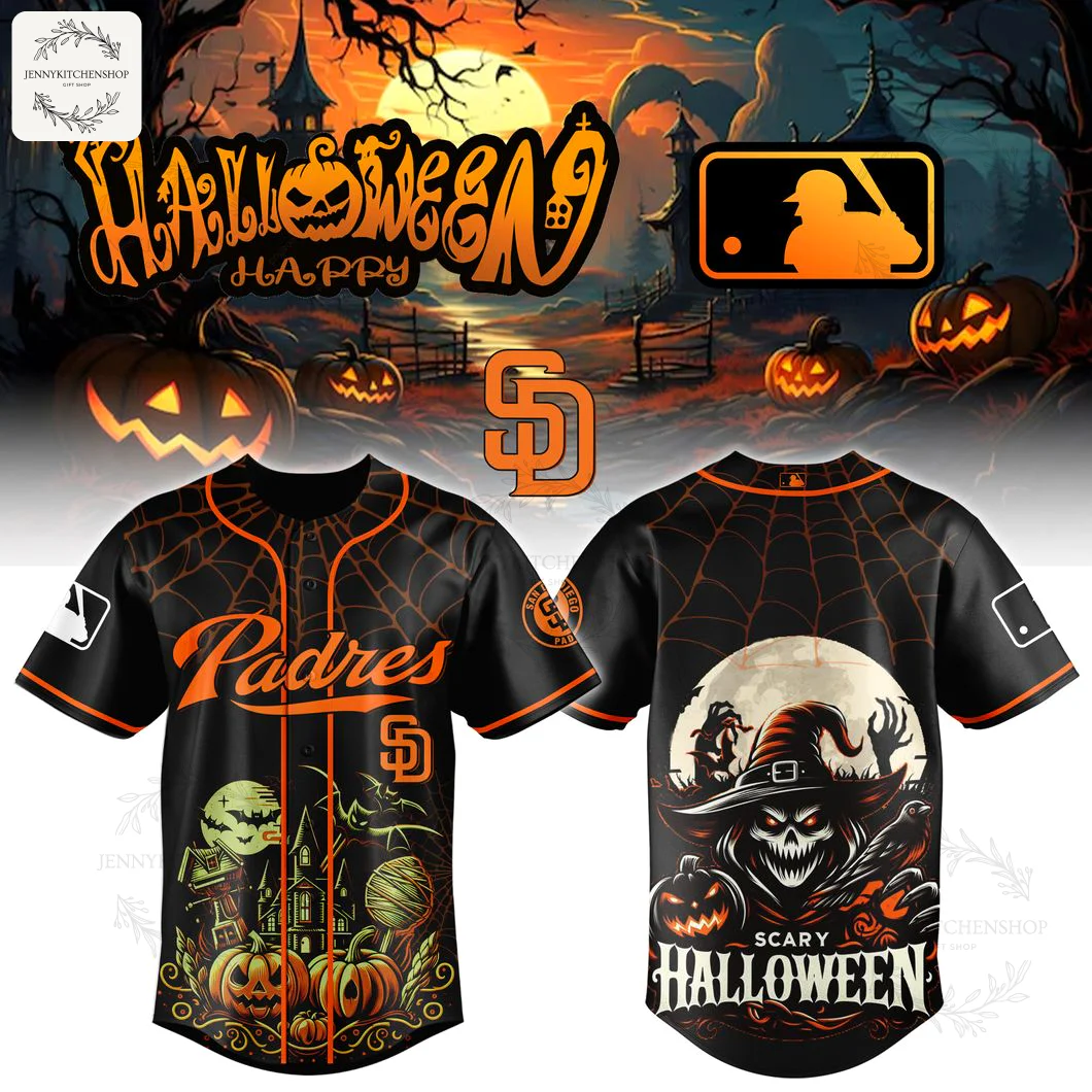 Front and back of a Pittsburgh Pirates Halloween baseball jersey. The black jersey has orange spiderwebs, a haunted house, and a scary scarecrow.