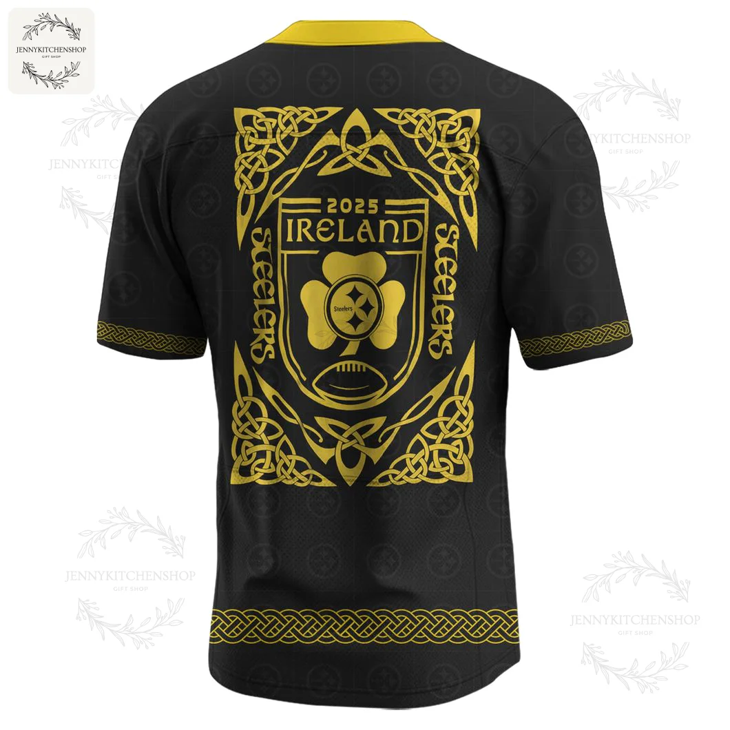 Back view of the Pittsburgh Steelers Ireland Heritage 2025 jersey, showcasing a large gold Celtic crest with a shamrock logo.
