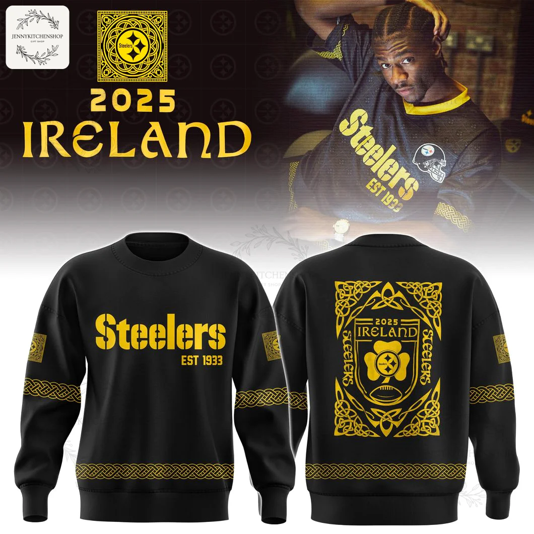 Front and back of the black Pittsburgh Steelers Ireland Heritage 2025 sweatshirt, featuring yellow Celtic-inspired graphics.