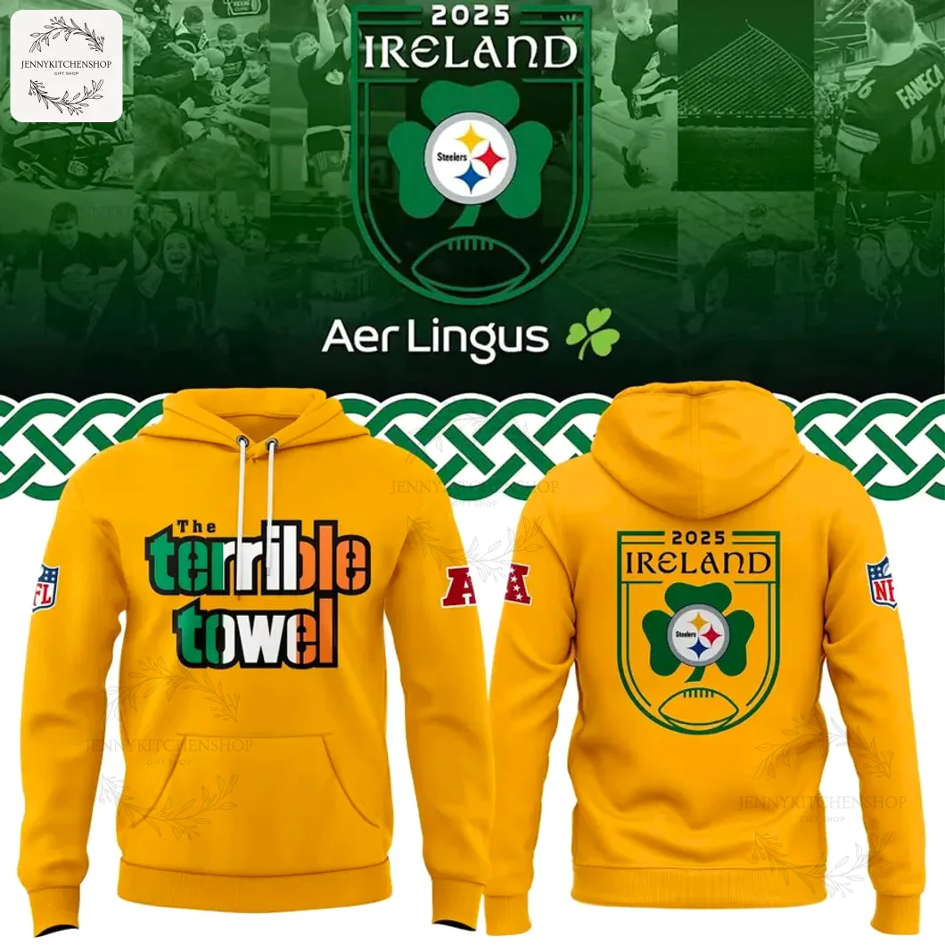 Front and back of the yellow Pittsburgh Steelers Ireland game pullover hoodie featuring "The Terrible Towel" text and shamrock logo.