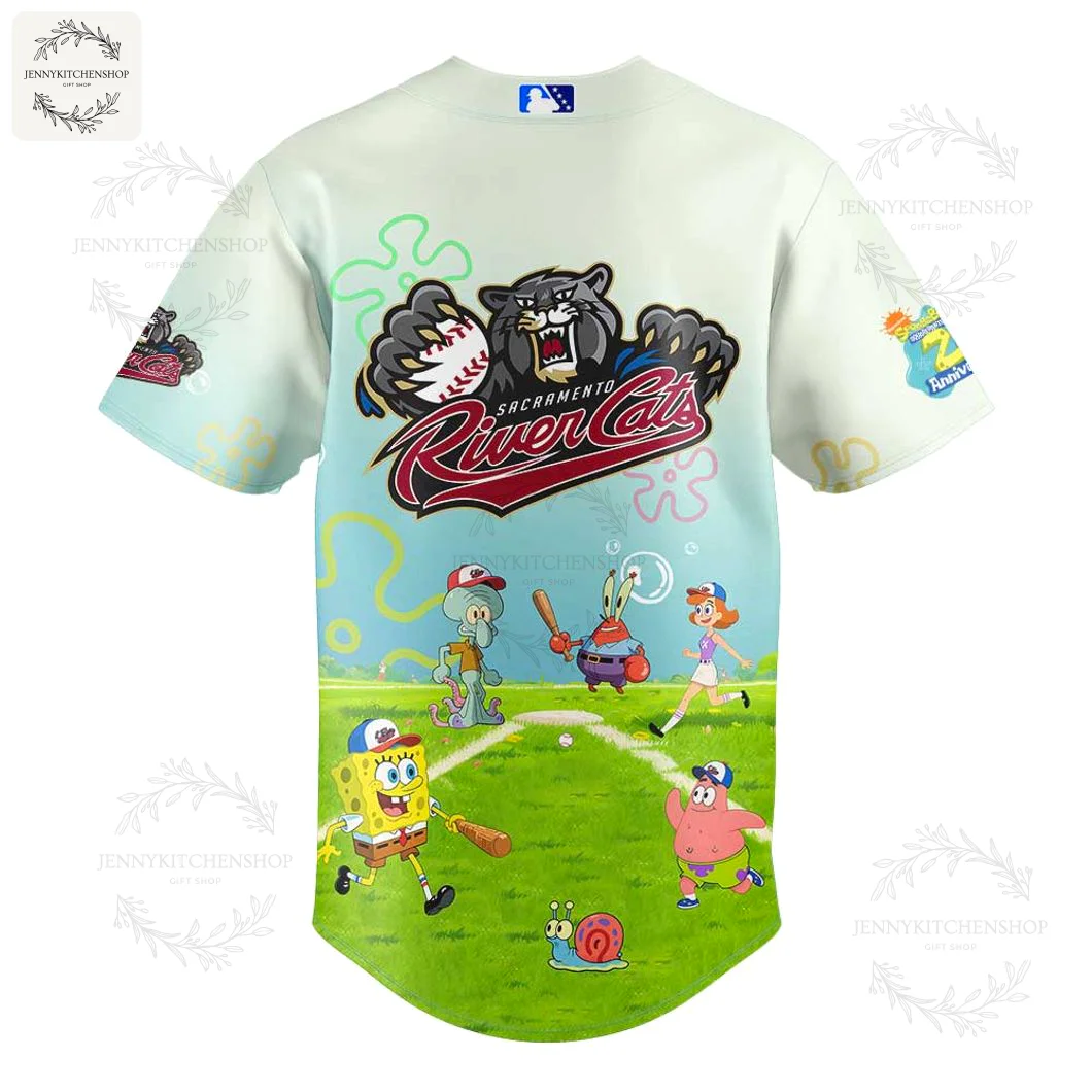 The back of the Sacramento River Cats SpongeBob jersey, displaying the team's primary logo above a scene of the characters playing baseball.