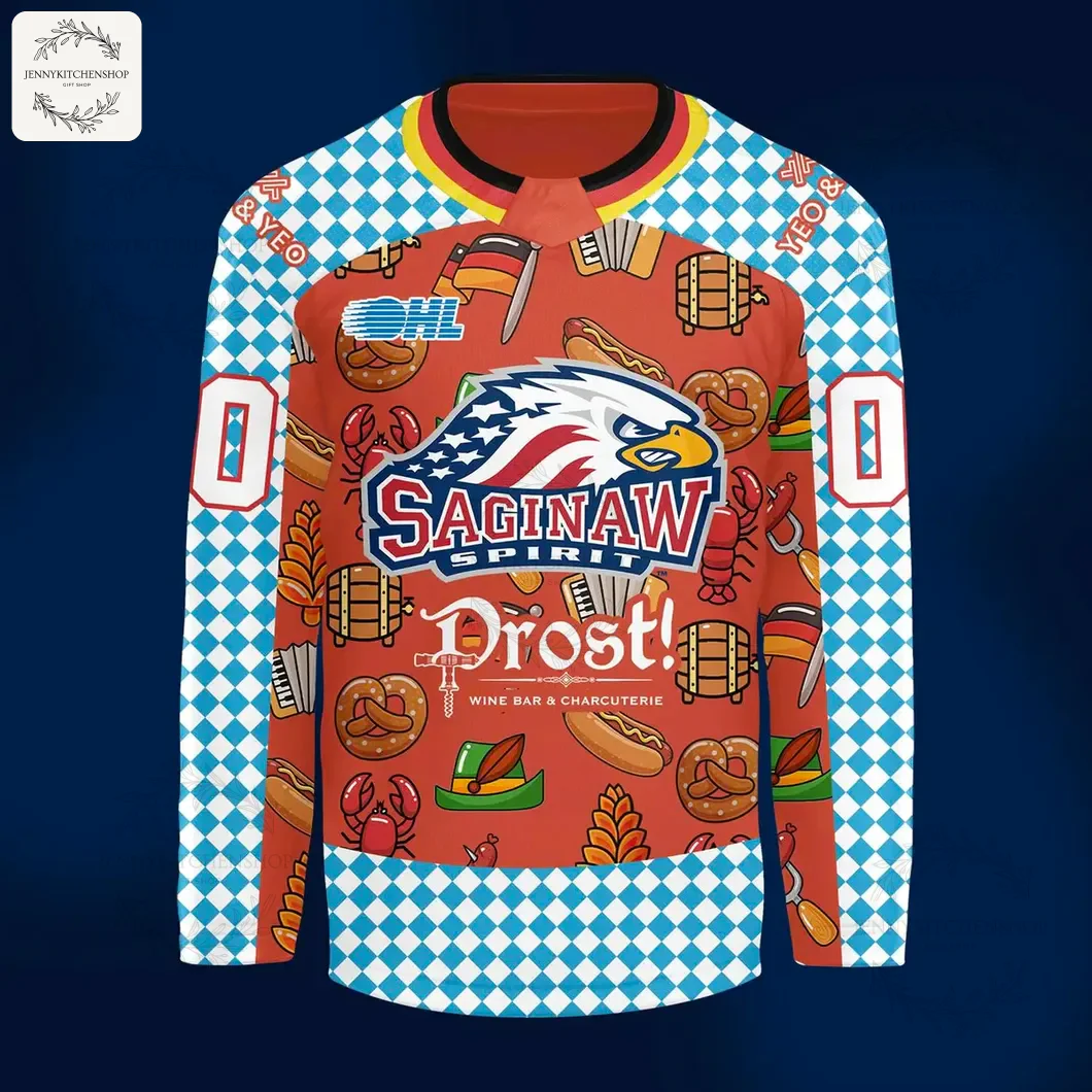 Back view of the Saginaw Spirit 2025 Oktoberfest warmup hockey jersey featuring customizable name and number with Oktoberfest-themed pattern