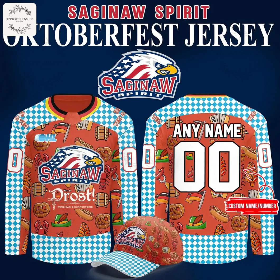 Front view of the Saginaw Spirit 2025 Oktoberfest warmup hockey jersey with festive Oktoberfest design and team logo