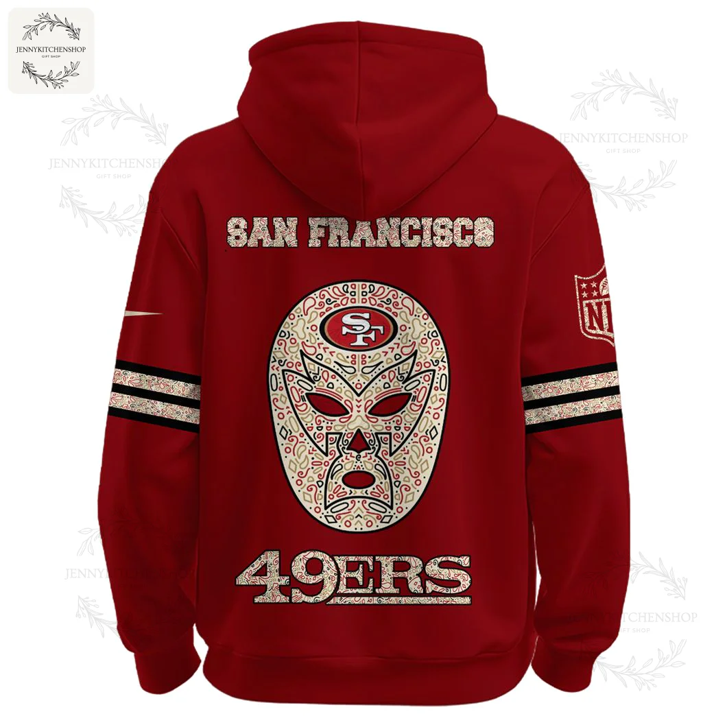 Back of the red 49ers Latino Heritage hoodie showcasing a large luchador mask graphic with "San Francisco 49ers" text.