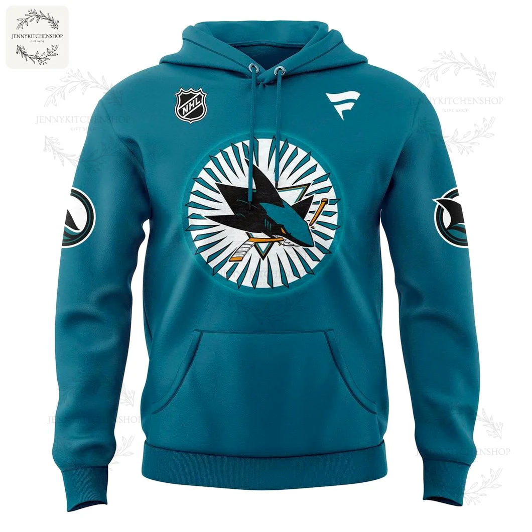 Front of the teal San Jose Sharks pullover hoodie showcasing the 'Behind the Center Ice' circular logo, plus NHL and Fanatics logos.