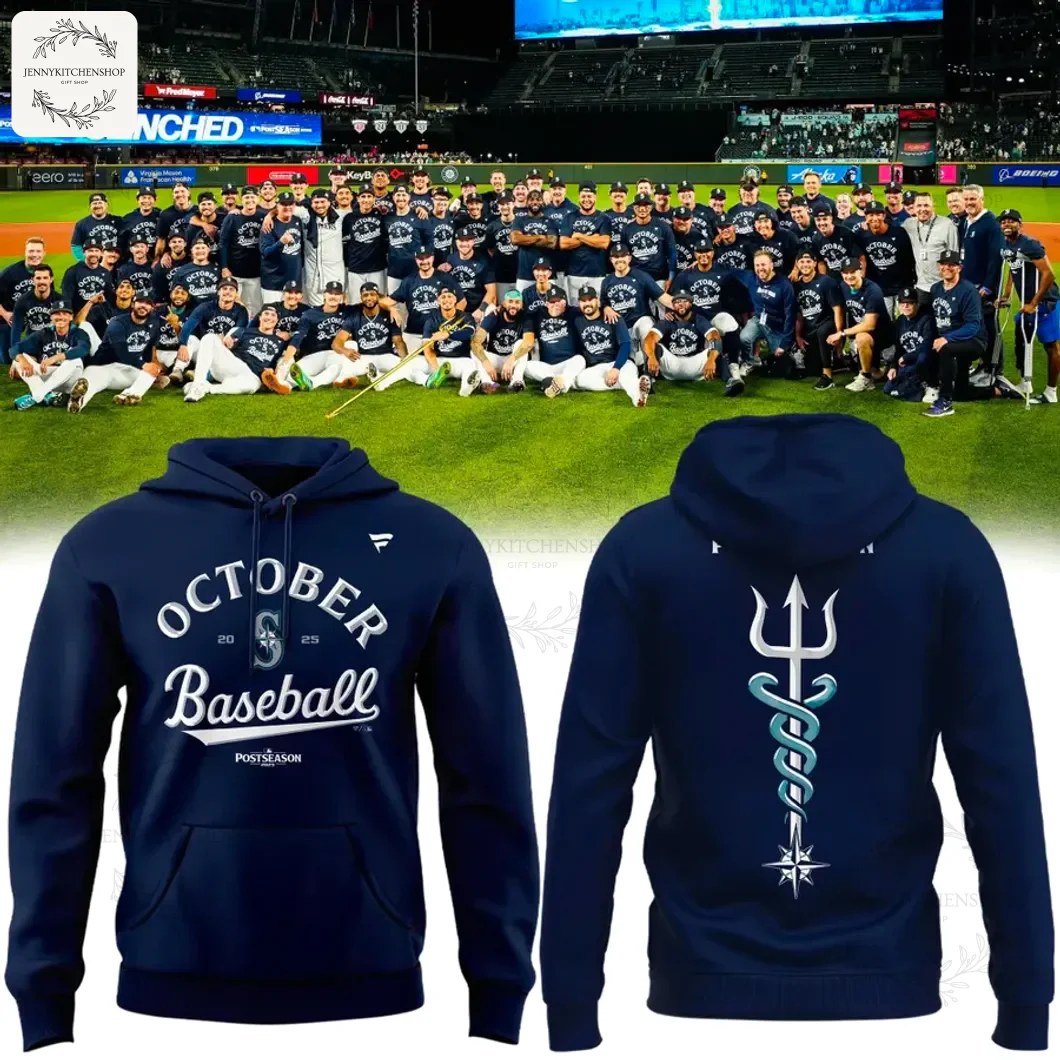 A navy Seattle Mariners 2025 Postseason pullover hoodie. Front shows 'October Baseball' text, back shows a large trident graphic.