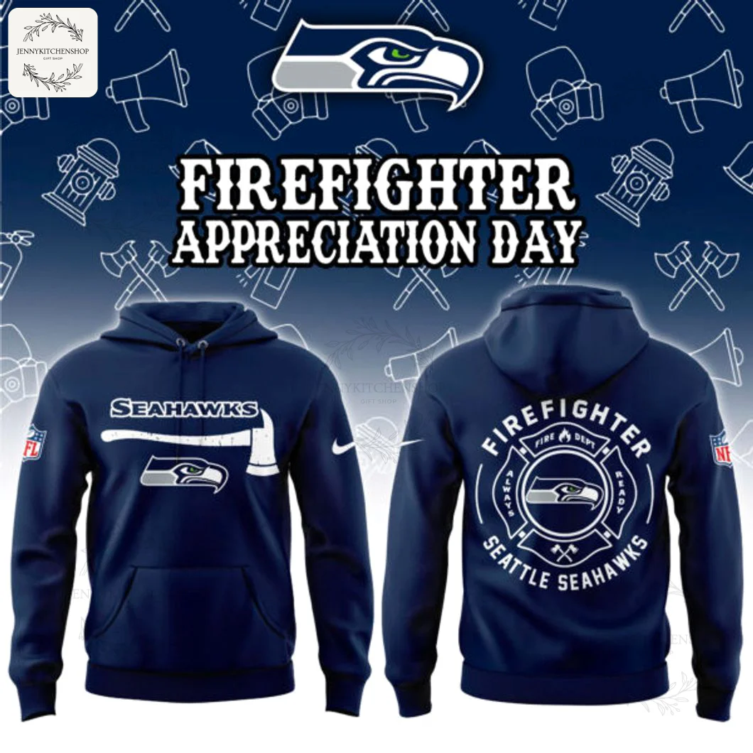 Front and back views of a navy blue Seattle Seahawks hoodie with a firefighter axe logo and a Fire Dept style emblem.