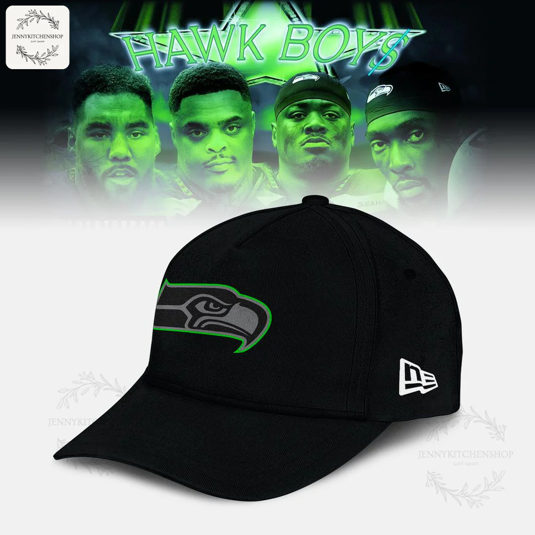 A black Seattle Seahawks cap with the team's logo outlined in green on the front panel.