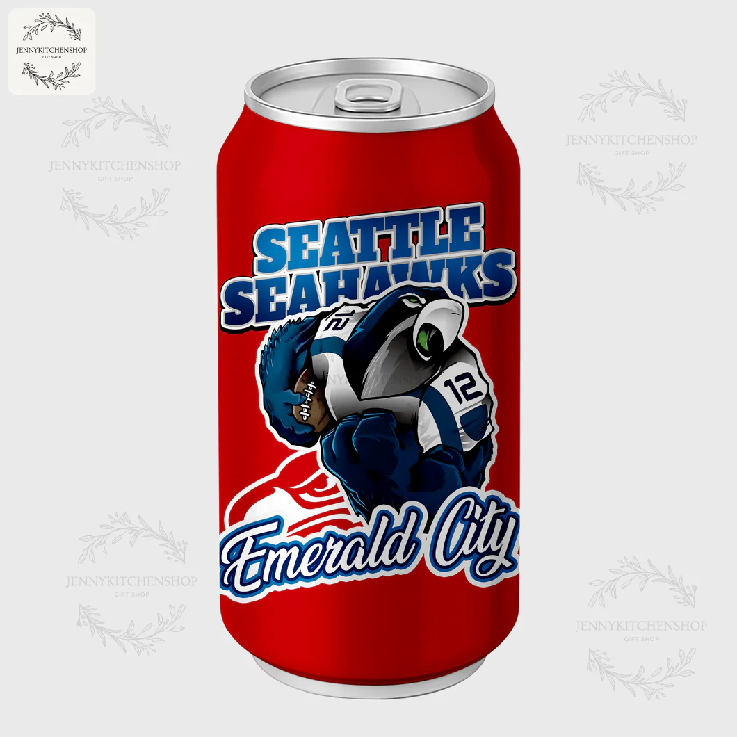 Close-up of the Seattle Seahawks design on a red Coca Tumbler, featuring a mascot and "Emerald City" text. Gift for fans.